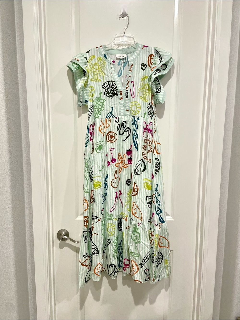 New Nautical Mint Green Stripe Midi Dress with Whimsical Seashell Cherry Pattern - Picture 2 of 5